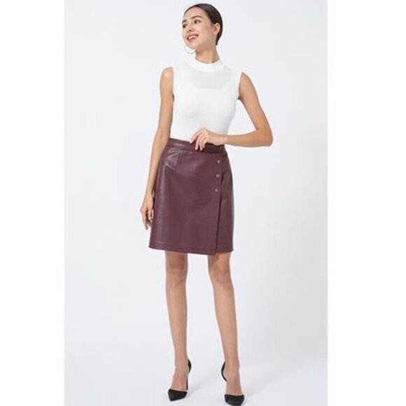 Faux Leather Skirt High Waisted, Pleather A Line Knee Length Wrap Skirt, SM - Picture 3 of 10